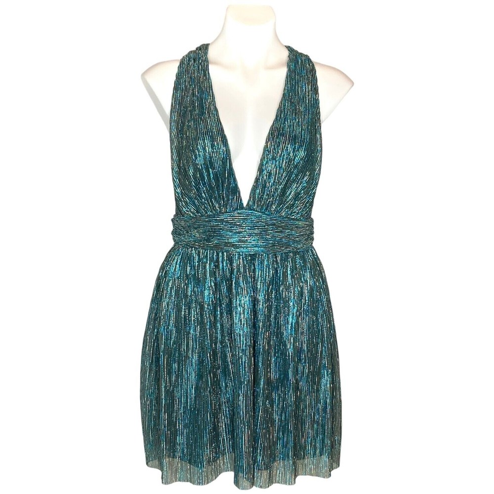 New LULUS Ailey Metallic Teal Twist Back Skater Dress Womens Size L‎ Mini Party - Picture 11 of 12